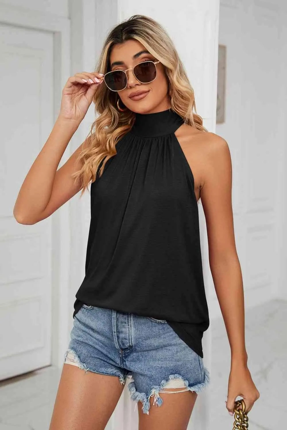 Gathered Detail Tied Sleeveless Top Blouses - Tophatter Daily Deals