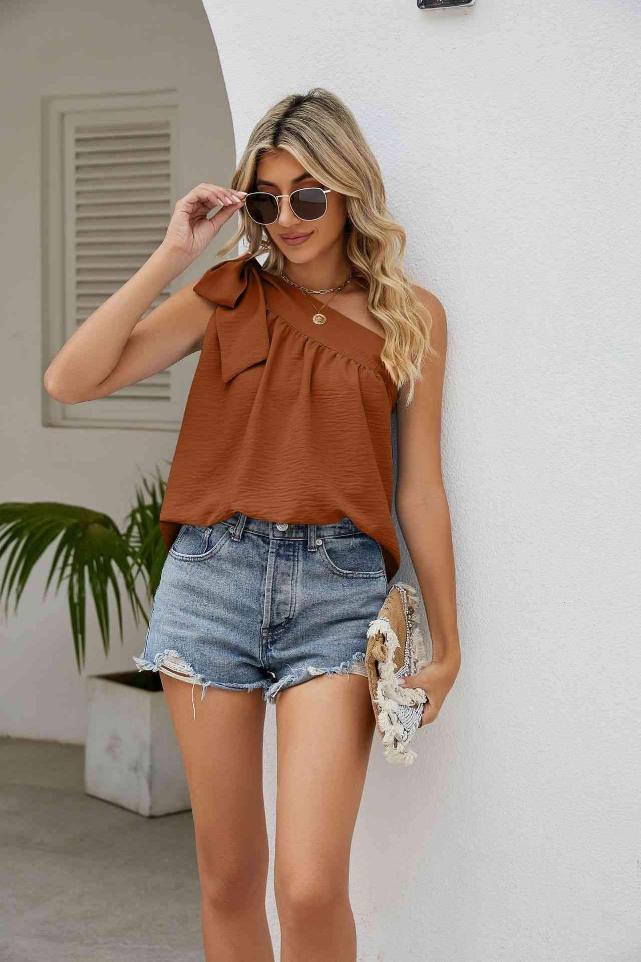 Tied One-Shoulder Sleeveless Top Blouses - Tophatter Daily Deals