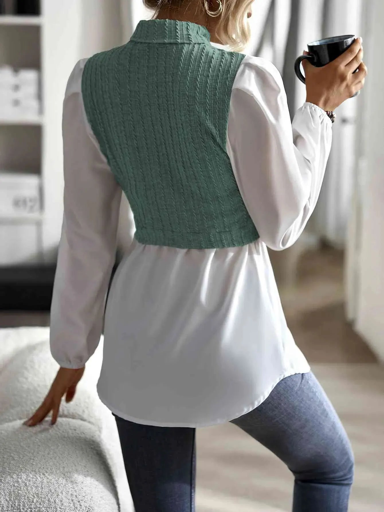Contrast Cable-Knit Mock Neck Top Blouses - Tophatter Daily Deals