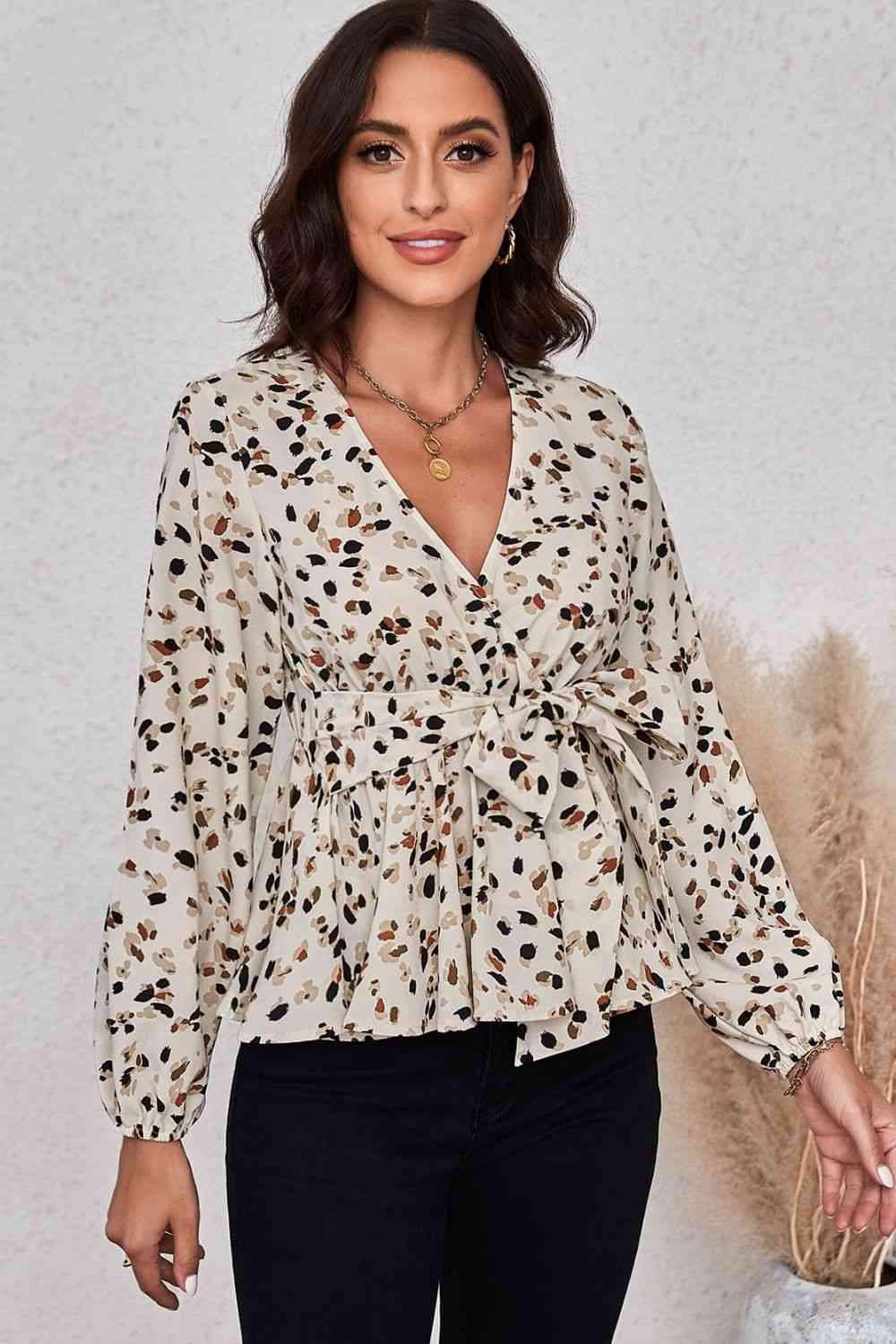 Printed Tie Front Plunge Peplum Blouse Blouses - Tophatter Daily Deals