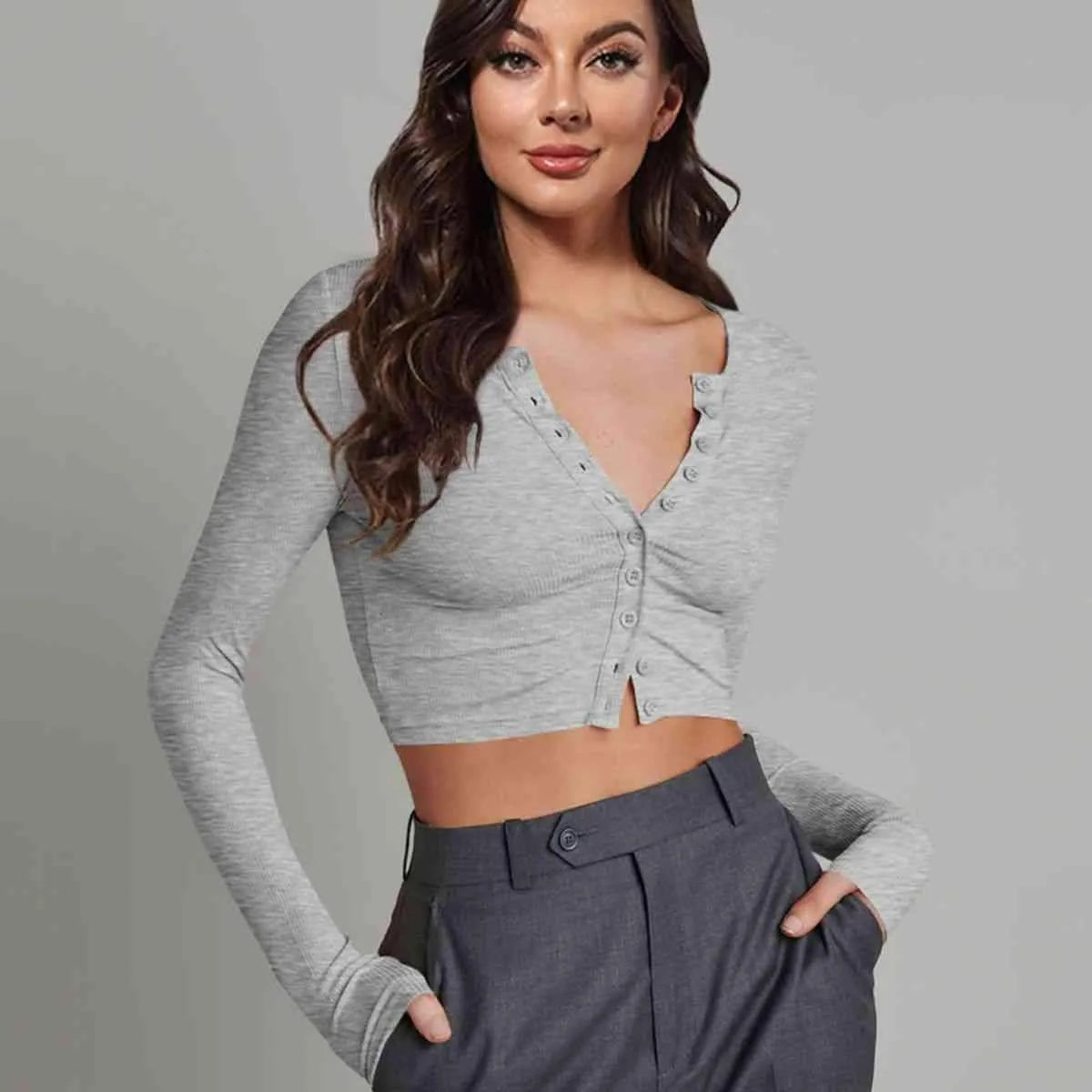 Double Take Button Down Long Sleeve Cropped Top Light Gray Blouses - Tophatter Daily Deals