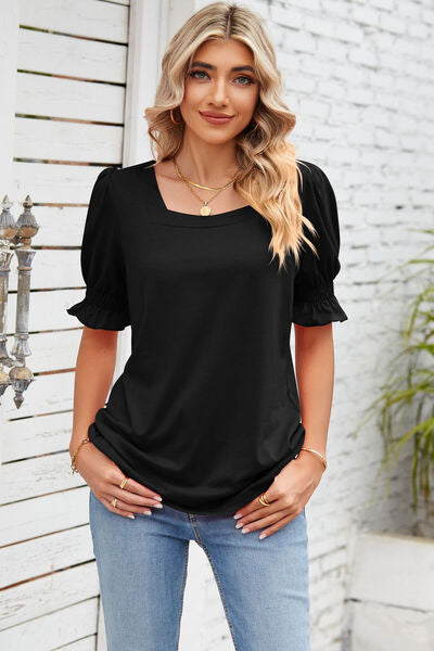 Smocked Square Neck Short Sleeve T-Shirt Women's T-Shirts - Tophatter Daily Deals