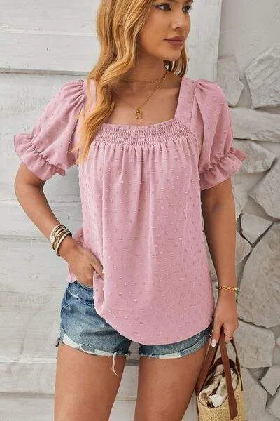 Swiss Dot Smocked Square Neck Short Sleeve T-Shirt Blush Pink Women's T-Shirts - Tophatter Daily Deals