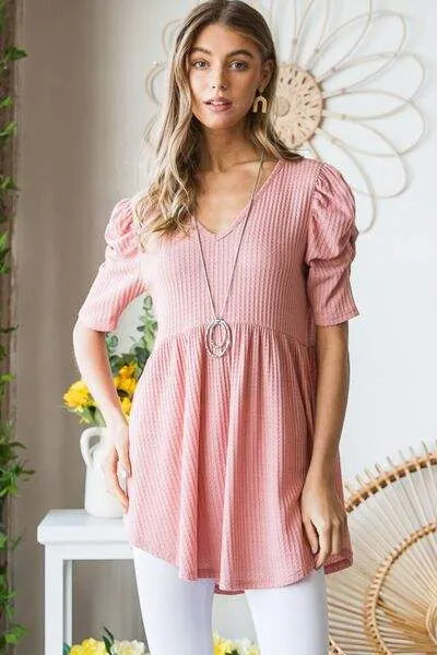 Heimish Full Size Waffle Knit V-Neck Babydoll Top Blouses - Tophatter Daily Deals