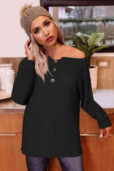 Double Take Buttoned Boat Neck Long Sleeve Blouse Black Blouses - Tophatter Daily Deals
