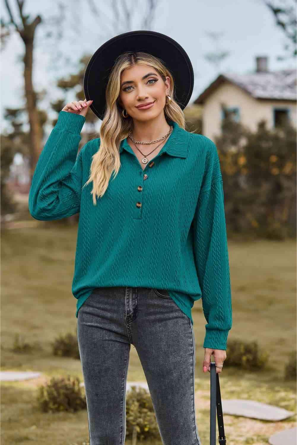 Collared Neck Long Sleeve Blouse Teal Blouses - Tophatter Daily Deals