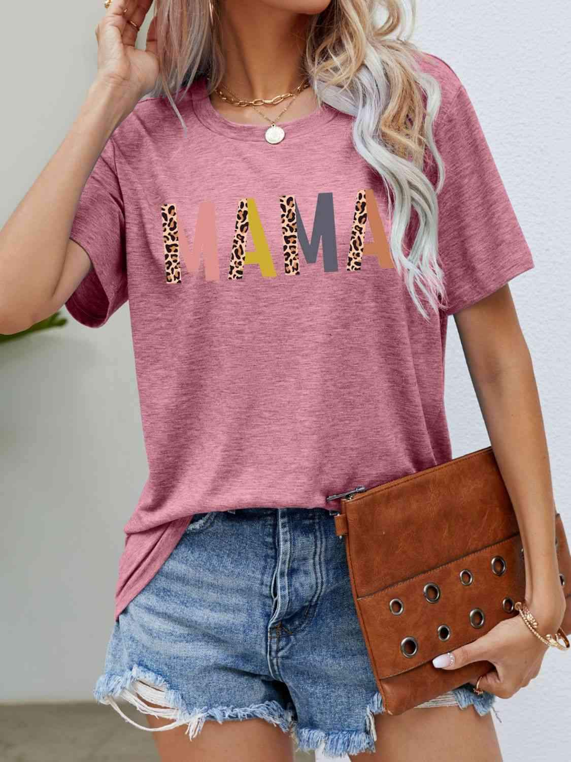 MAMA Leopard Graphic Short Sleeve Tee Light Mauve Women's T-Shirts - Tophatter Daily Deals