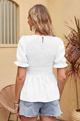 Swiss Dot Smocked Peplum Blouse Blouses - Tophatter Daily Deals