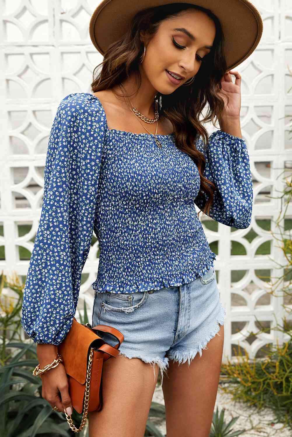 Floral Smocked Balloon Sleeve Top Blouses - Tophatter Daily Deals