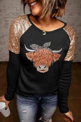 Contrast Sequin Animal Graphic Round Neck Top Women's T-Shirts - Tophatter Daily Deals