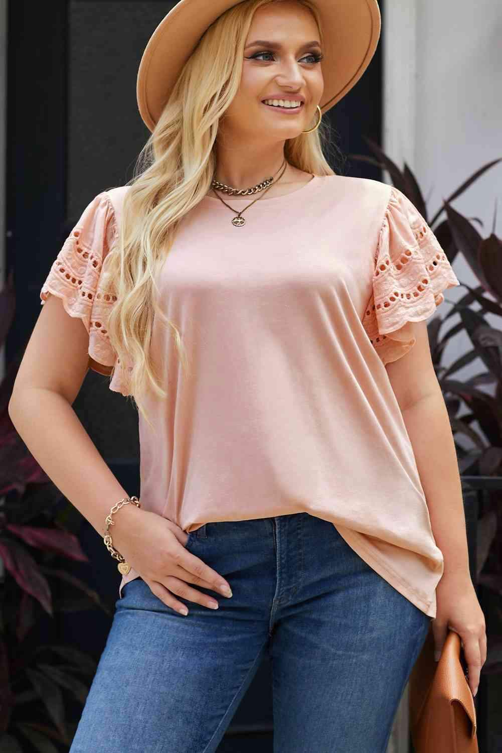 Plus Size Butterfly Sleeve Round Neck Top Dusty Pink Blouses - Tophatter Daily Deals