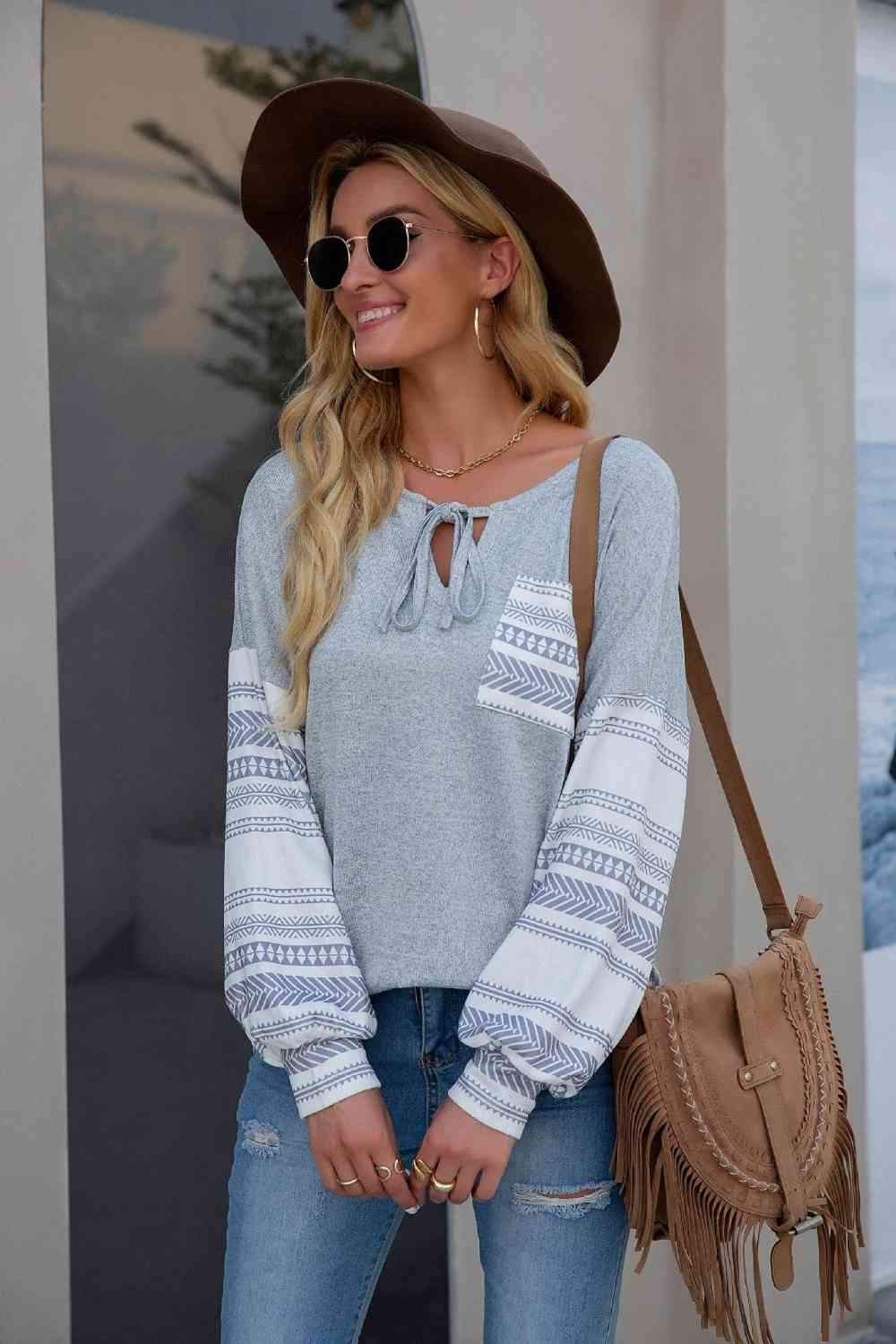 Tie Neck Lantern Sleeve Top Blouses - Tophatter Daily Deals