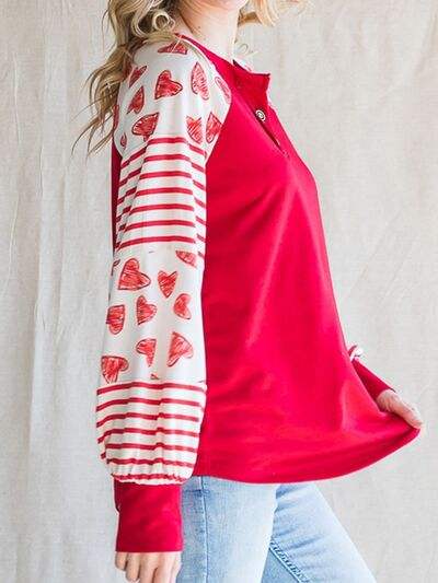 Heart Striped Quarter Button Long Sleeve T-Shirt Women's T-Shirts - Tophatter Daily Deals