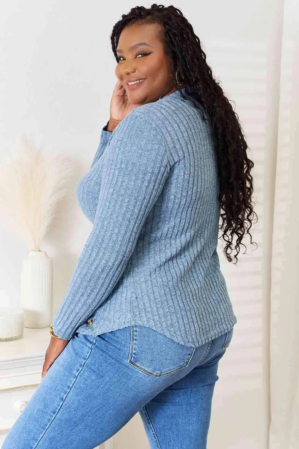 Double Take Round Neck Ribbed Long Sleeve T-Shirt Women's T-Shirts - Tophatter Daily Deals