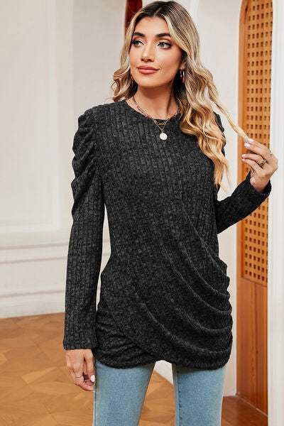 Round Neck Puff Sleeve T-Shirt Black Women's T-Shirts - Tophatter Daily Deals