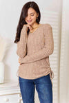 Double Take Drawstring Ribbed Long Sleeve T-Shirt Tan Women's T-Shirts - Tophatter Daily Deals