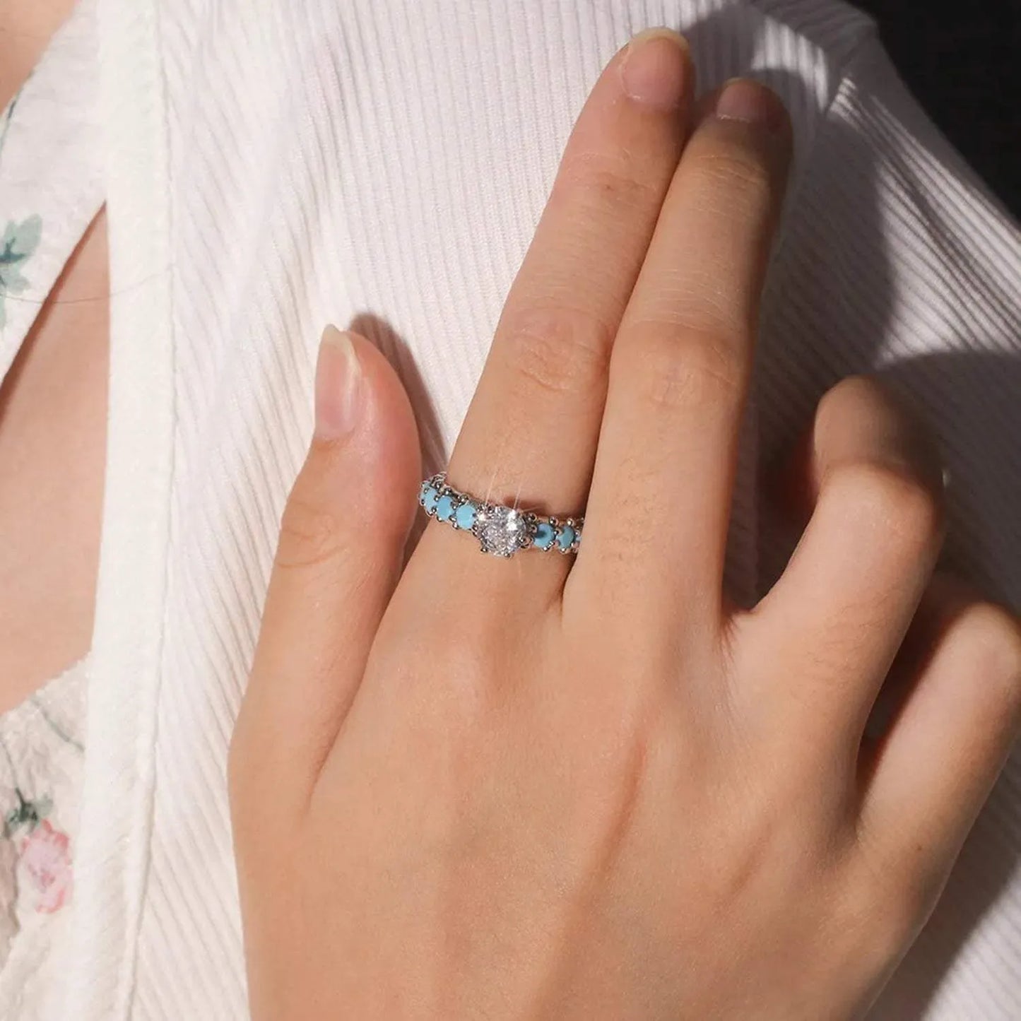 Inlaid Artificial Turquoise Zircon 925 Sterling Silver Ring Rings - Tophatter Daily Deals