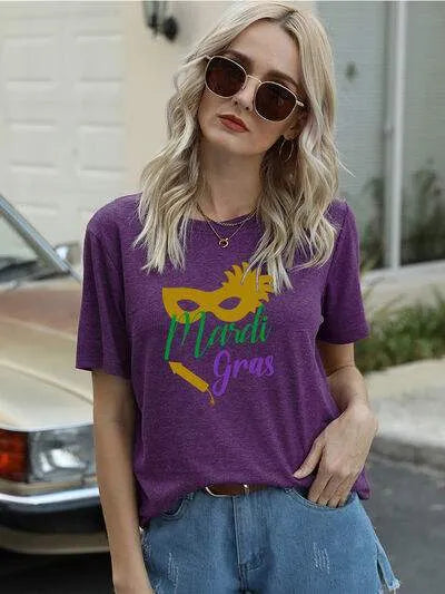 Full Size MARDI GRAS Round Neck Short Sleeve T-Shirt Violet Women's T-Shirts - Tophatter Daily Deals