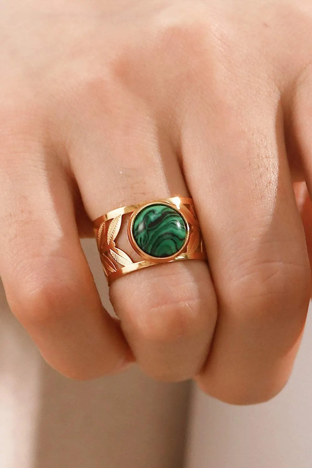 18k Gold Plated Malachite Leaf Ring Rings - Tophatter Daily Deals