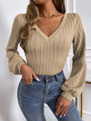 Ribbed V-Neck Lantern Sleeve Top Tan Blouses - Tophatter Daily Deals