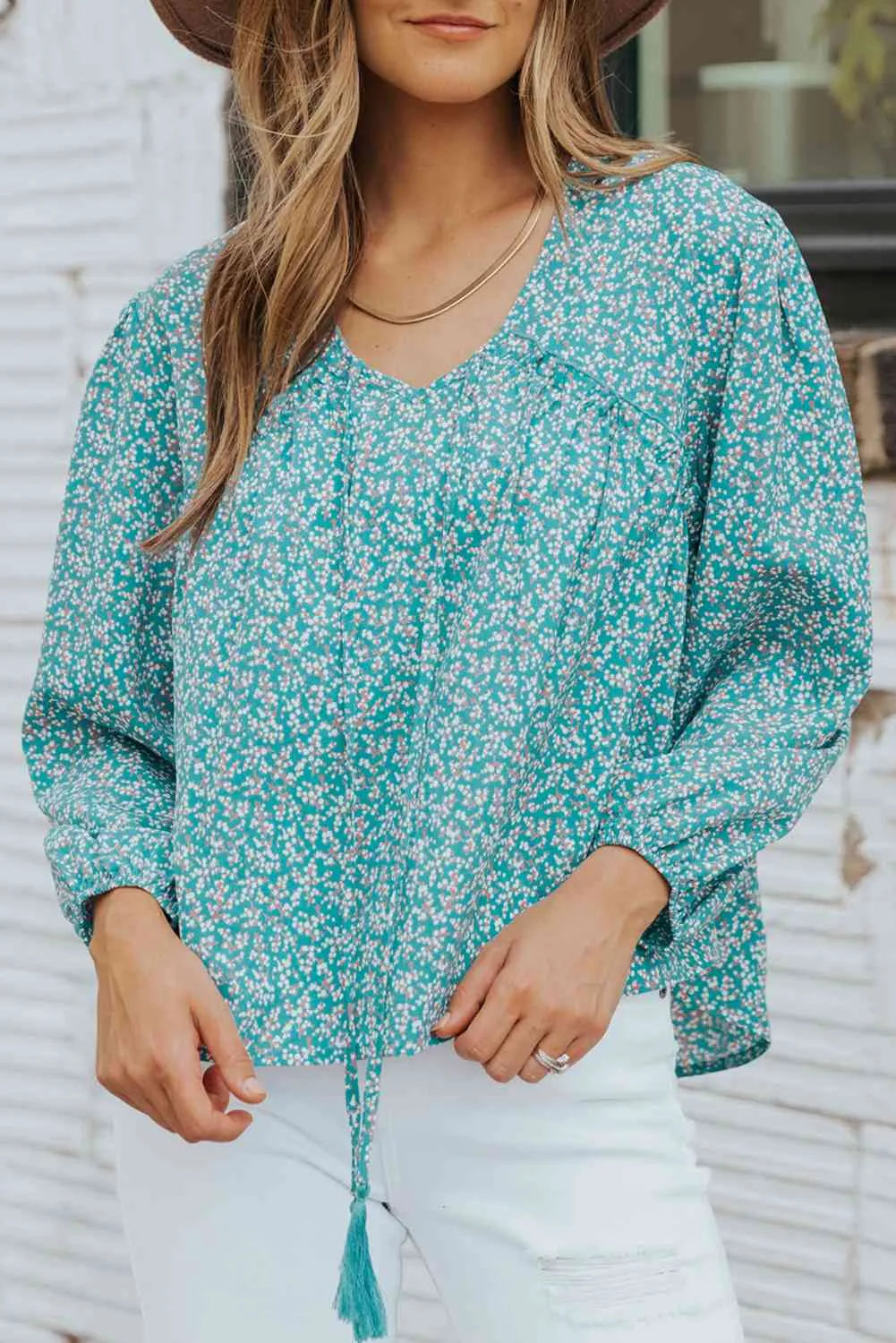 Ditsy Floral Tassel Tie High-Low Blouse Sky Blue M Blouses - Tophatter Daily Deals