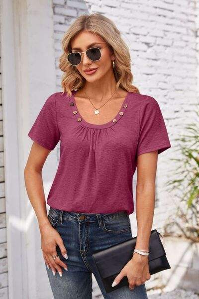 Decorative Button Scoop Neck T-Shirt Women's T-Shirts - Tophatter Daily Deals