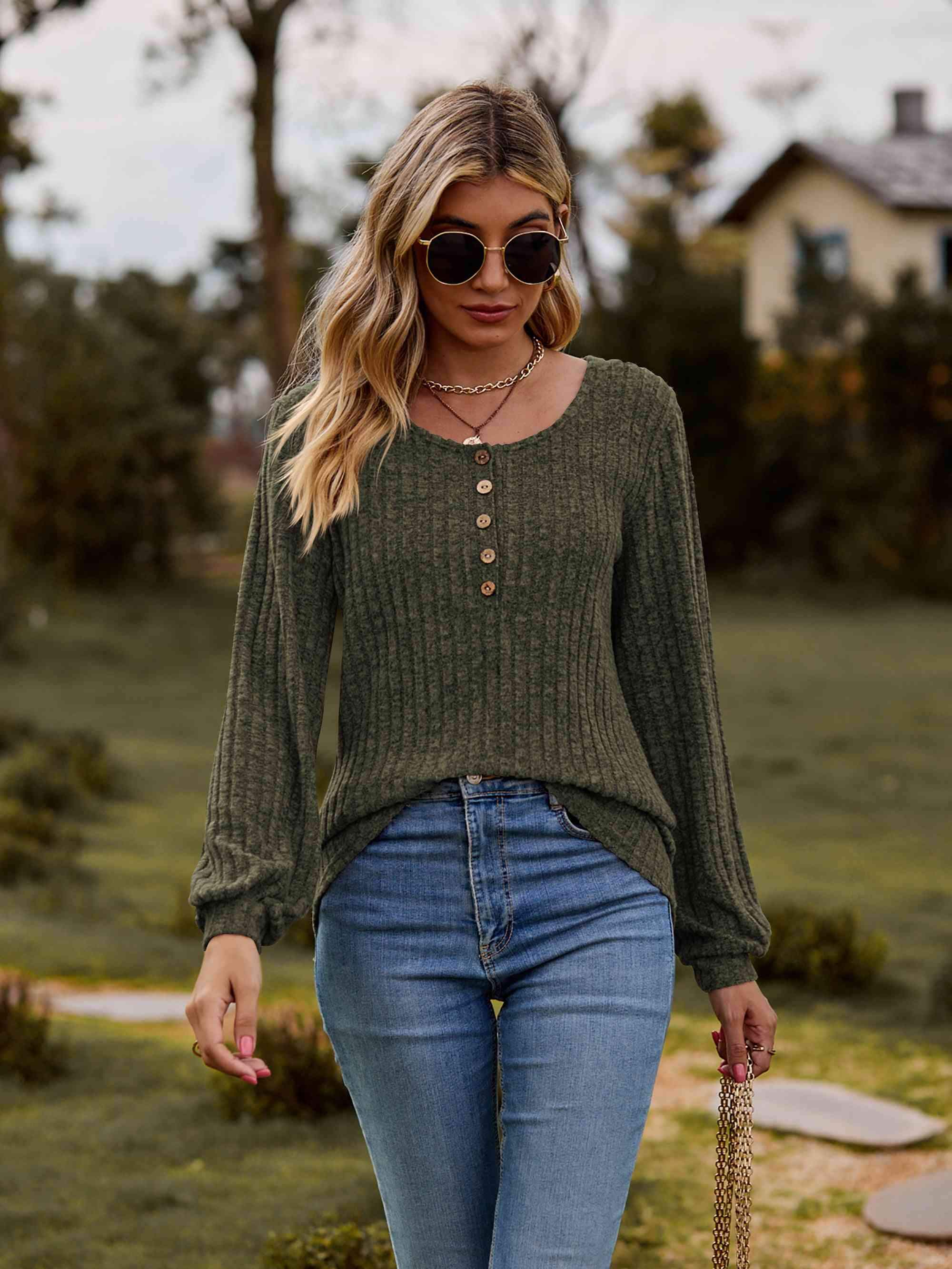 Round Neck Button-Down Long Sleeve Tee Women's T-Shirts - Tophatter Daily Deals