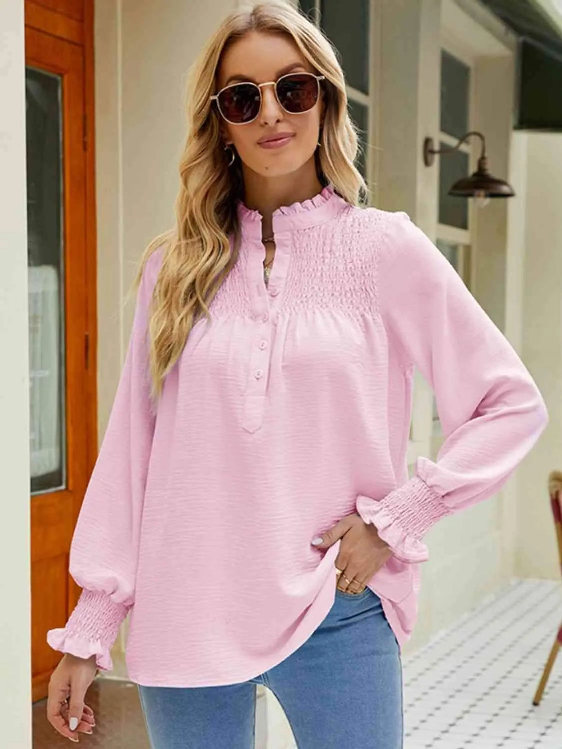 Notched Neck Button-UP Smocked Flounce Sleeve Blouse Blush Pink Blouses - Tophatter Daily Deals