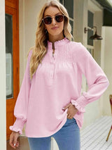 Notched Neck Button-UP Smocked Flounce Sleeve Blouse Blush Pink Blouses - Tophatter Daily Deals