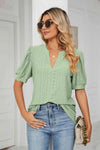 Eyelet Short Puff Sleeve Notched Neck Top Green Blouses - Tophatter Daily Deals