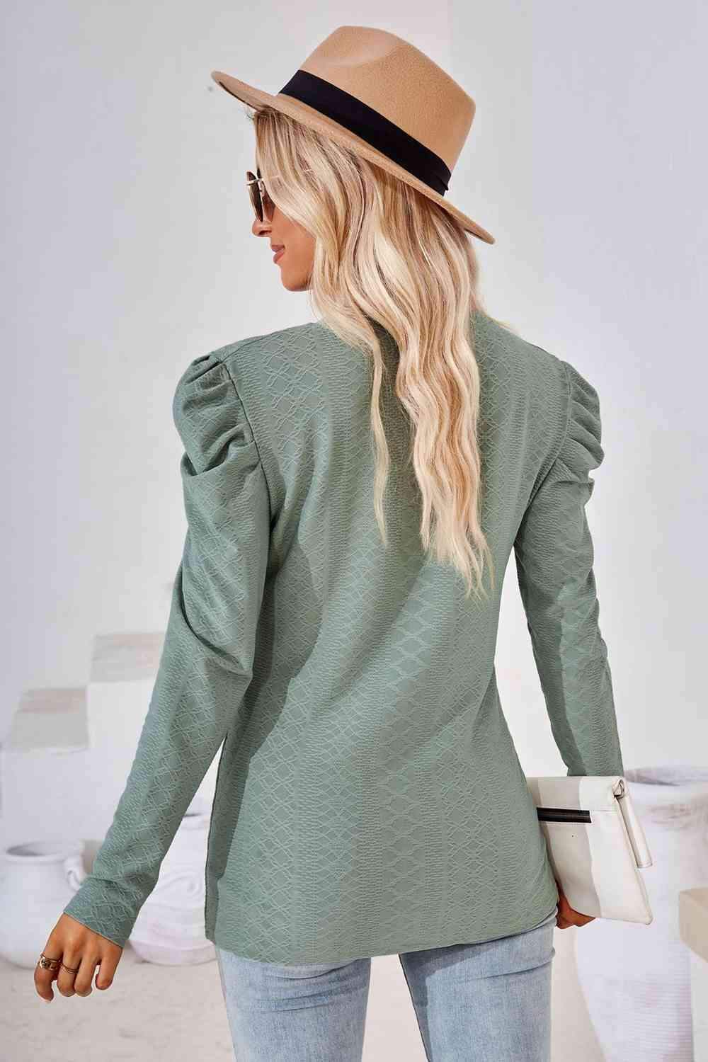 Round Neck Puff Sleeve Blouse Blouses - Tophatter Daily Deals