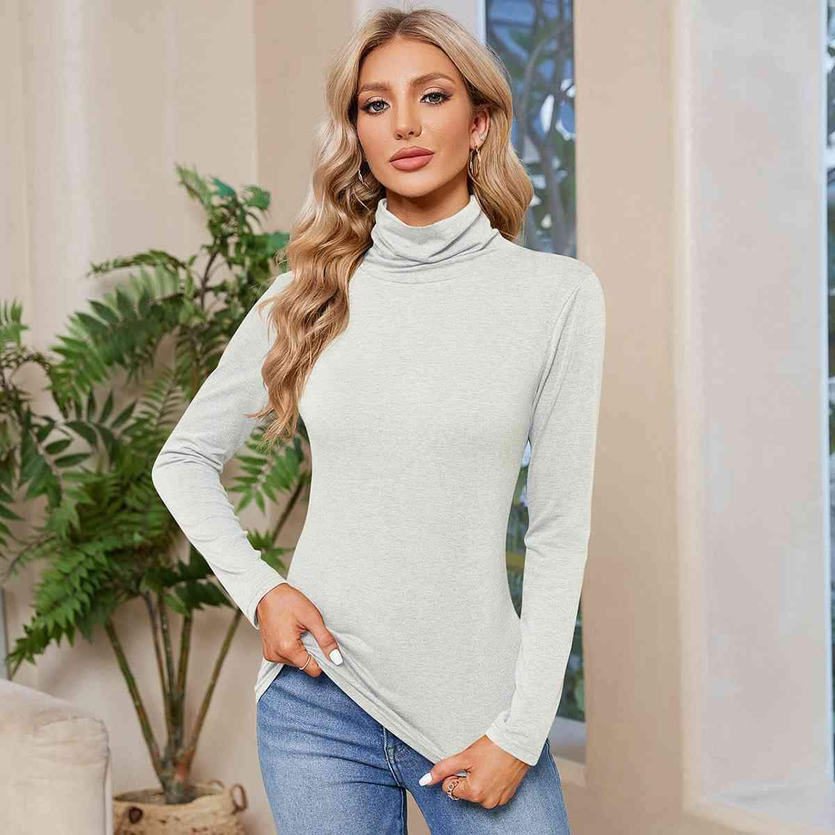 Turtleneck Long Sleeve T-Shirt White Women's T-Shirts - Tophatter Daily Deals