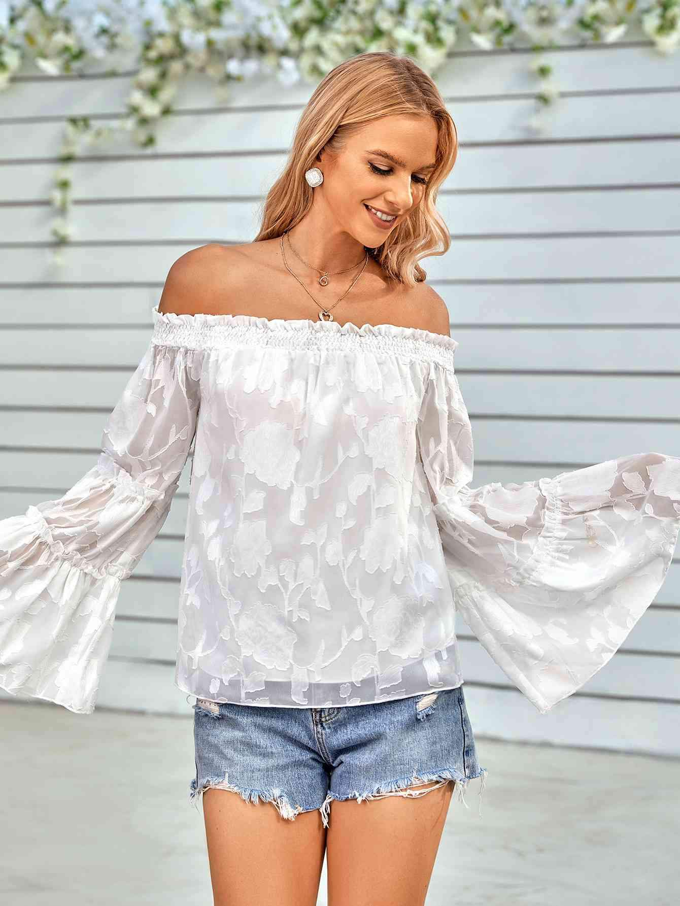 Applique Flounce Sleeve Off-Shoulder Blouse Blouses - Tophatter Daily Deals