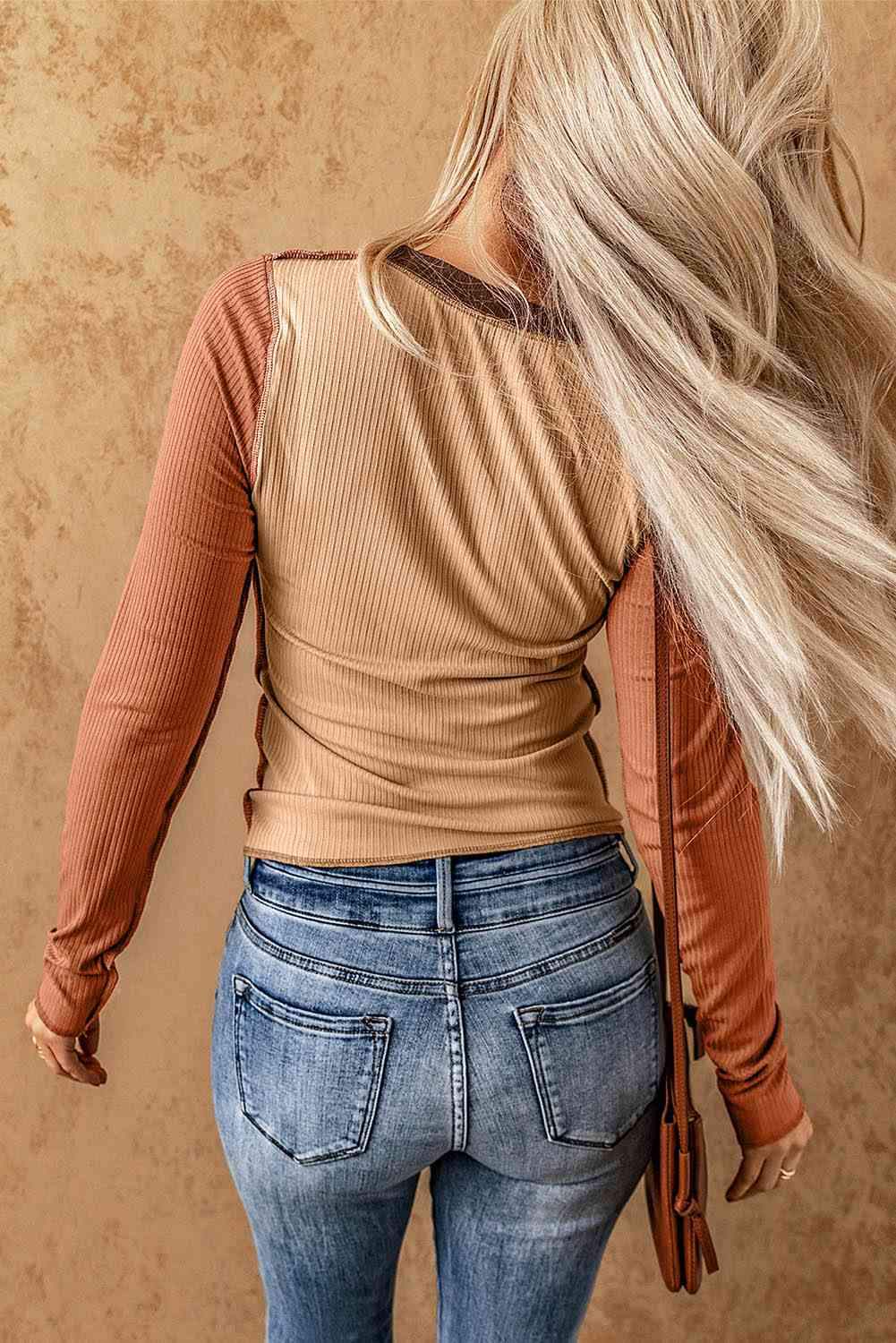 Color Block Exposed Seam Long Sleeve Top Blouses - Tophatter Daily Deals