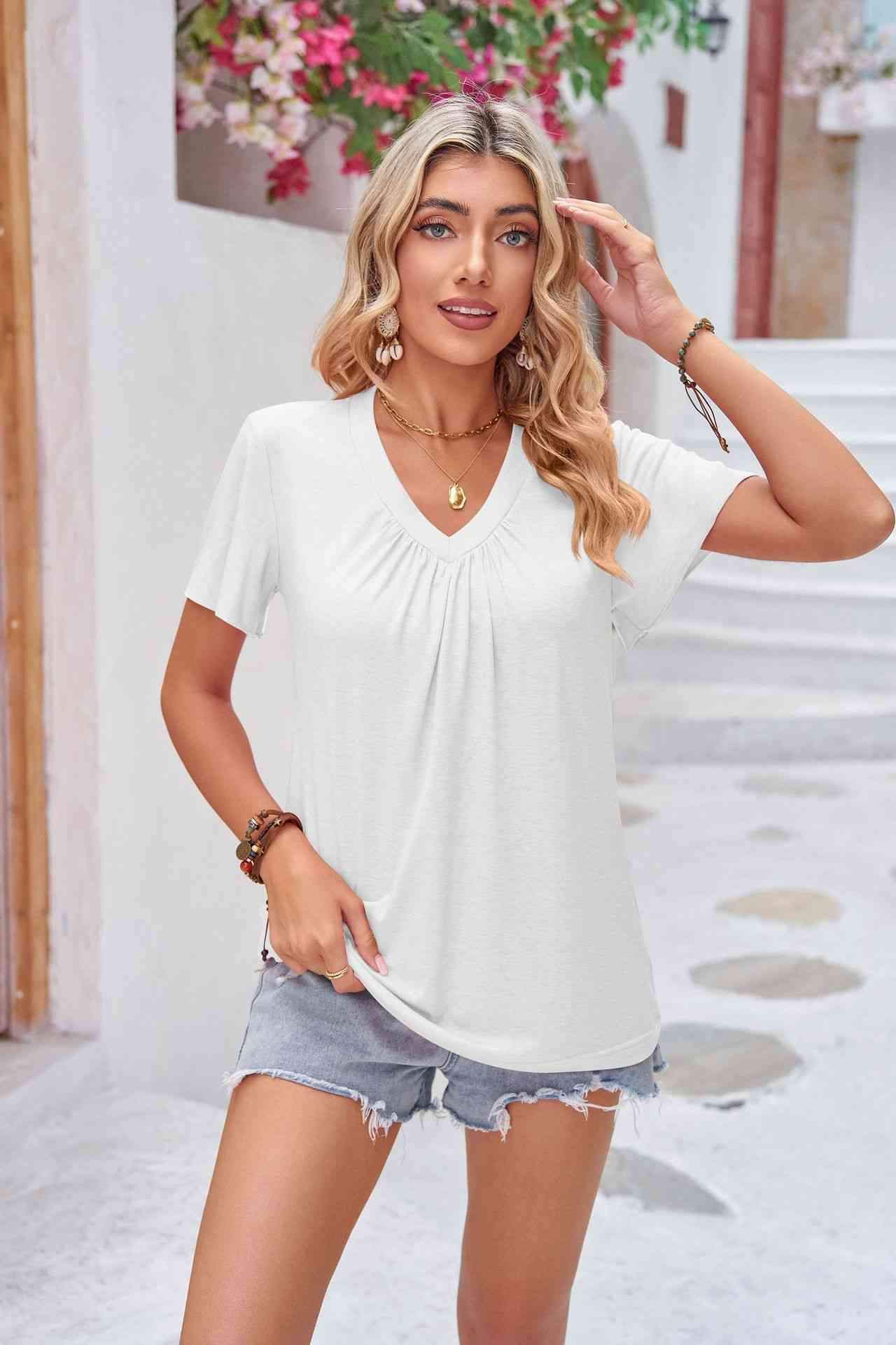 Ruched V-Neck Short Sleeve Tee Women's T-Shirts - Tophatter Daily Deals