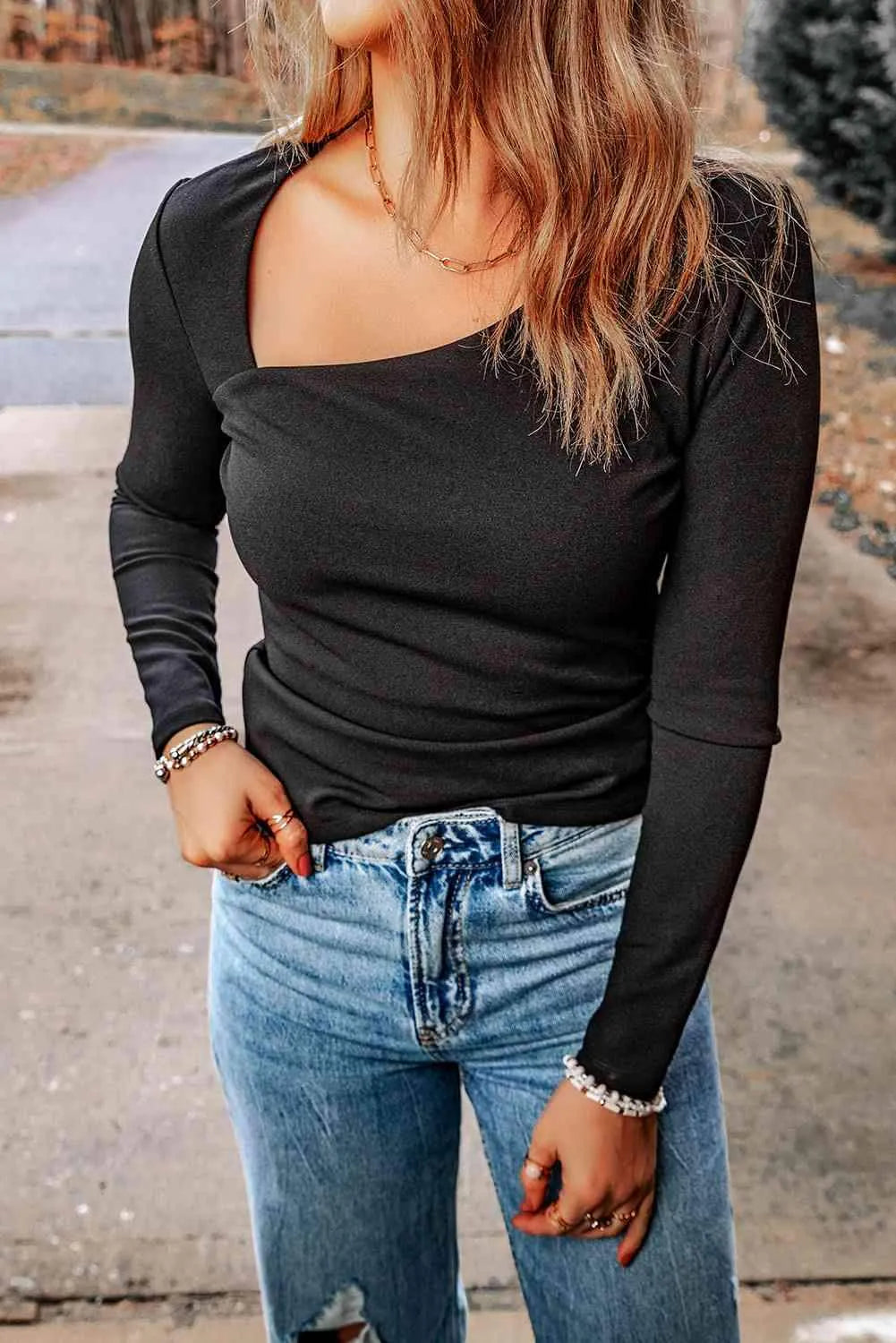 Asymmetrical Neck Long Sleeve Top Black Blouses - Tophatter Daily Deals