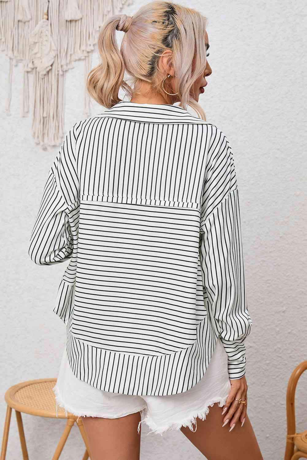 Full Size Striped Collared Top Blouses - Tophatter Daily Deals