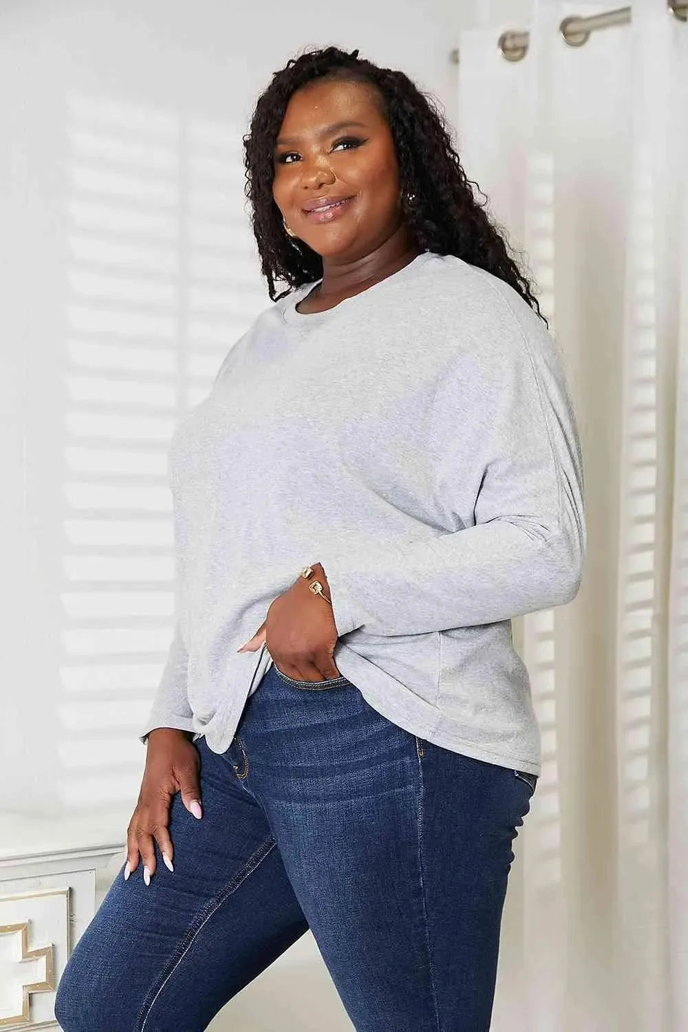 Double Take Seam Detail Round Neck Long Sleeve Top Women's T-Shirts - Tophatter Daily Deals