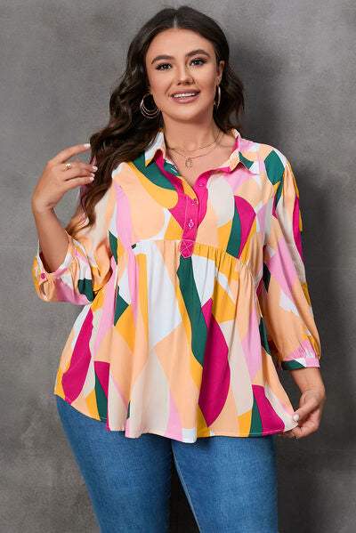 Plus Size Printed Collared Neck Half Button Top Blouses - Tophatter Daily Deals