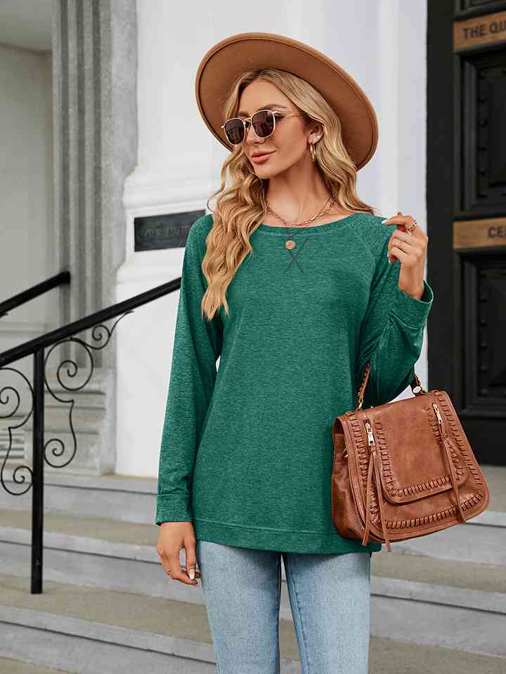 Round Neck Long Sleeve T-Shirt Mid Green Women's T-Shirts - Tophatter Daily Deals