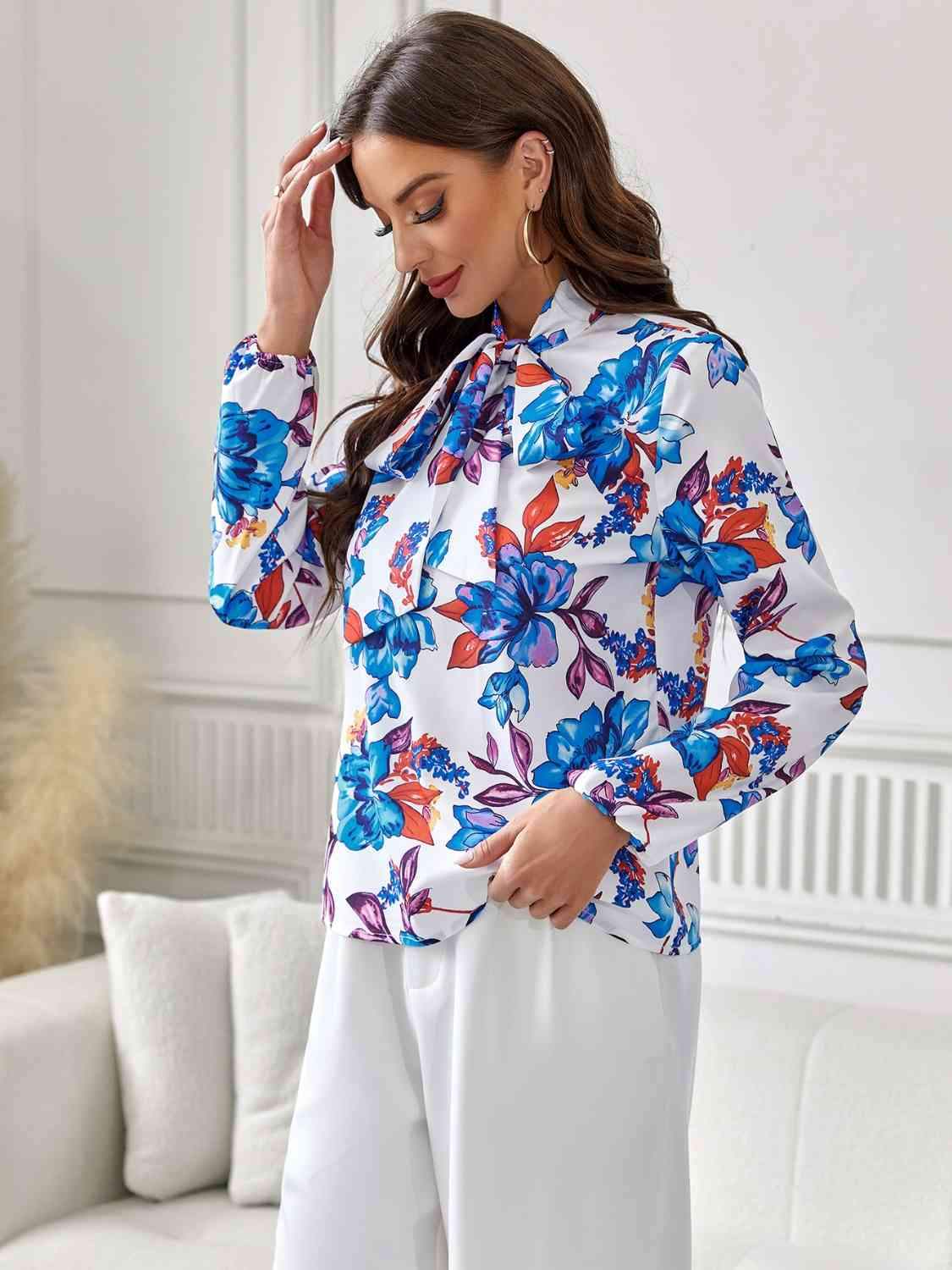 Floral Tie Neck Long Sleeve Blouse Blouses - Tophatter Daily Deals