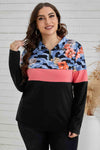 Plus Size Floral Color Block Quarter Zip Top Multi 1X Blouses - Tophatter Daily Deals