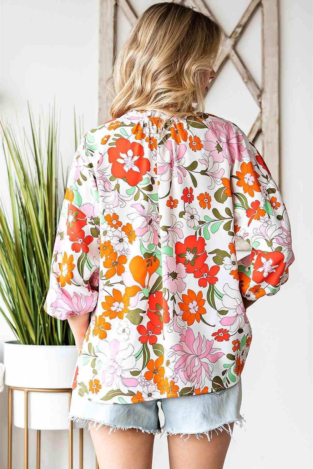 Floral Notched Neck Balloon Sleeve Blouse Blouses - Tophatter Daily Deals