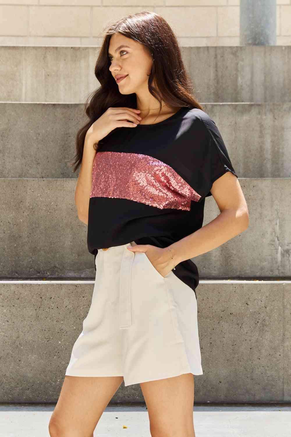 Sew In Love Shine Bright Full Size Center Mesh Sequin Top in Black/Mauve Women's T-Shirts - Tophatter Daily Deals