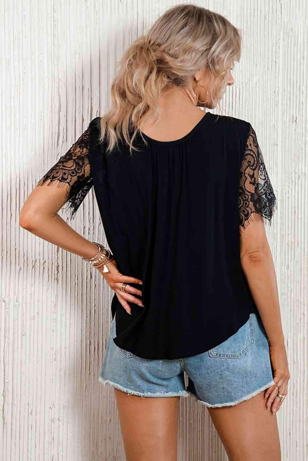 Strappy Neck Spliced Lace Eyelash Trim Blouse Blouses - Tophatter Daily Deals