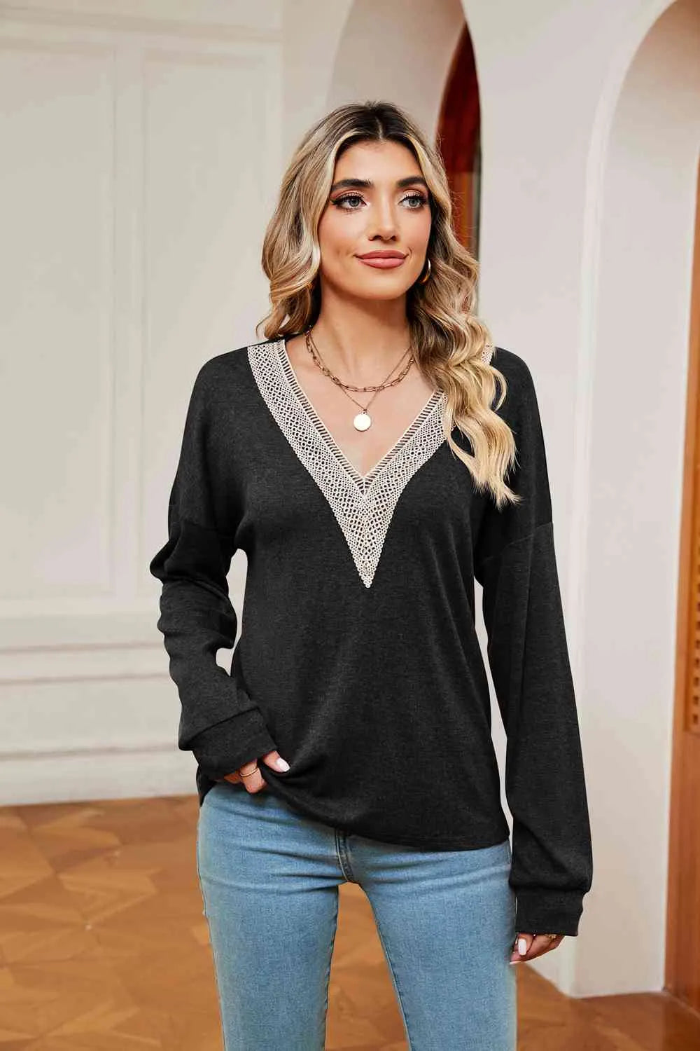 Contrast V-Neck Long Sleeve Blouse Black Blouses - Tophatter Daily Deals