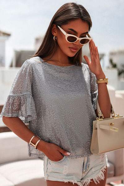 Sequin Cutout Round Neck Blouse Charcoal Blouses - Tophatter Daily Deals