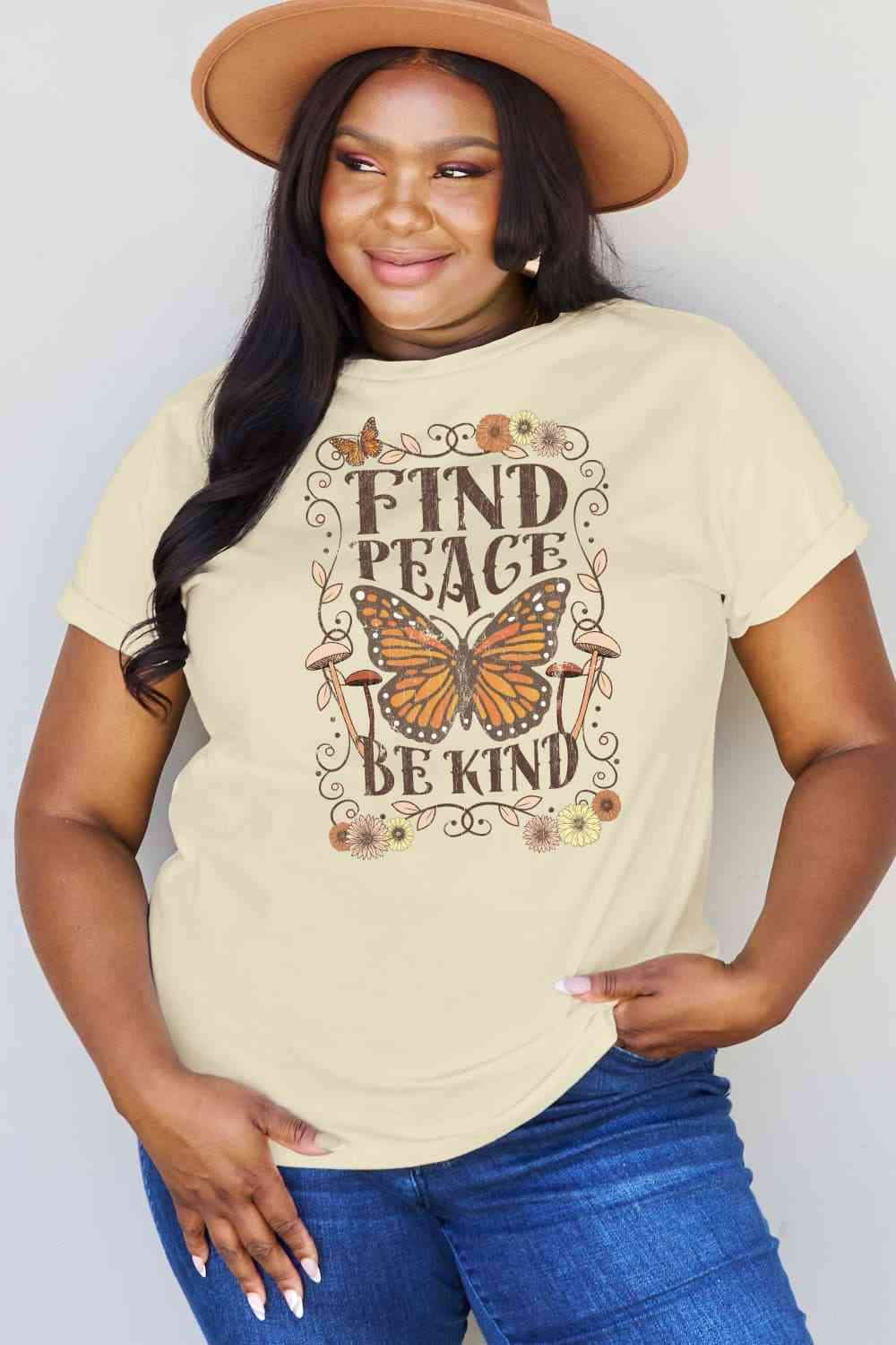 Simply Love Full Size FIND PEACE BE KIND Graphic Cotton T-Shirt Ivory Women's T-Shirts - Tophatter Daily Deals