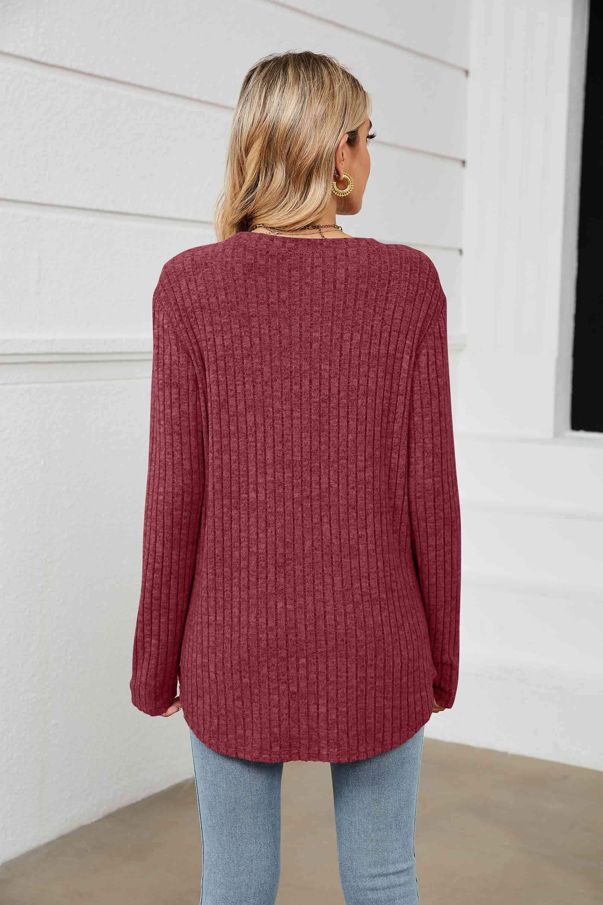 Round Neck Ribbed Long Sleeve T-Shirt Women's T-Shirts - Tophatter Daily Deals