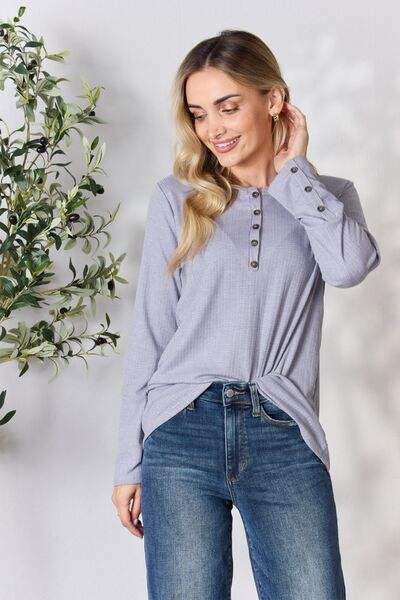 Heimish Full Size Texture Half Button Long Sleeve Top Blouses - Tophatter Daily Deals